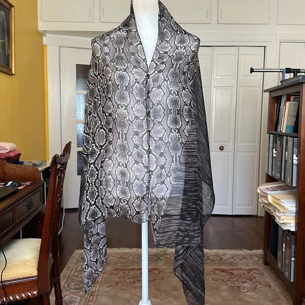 Black Gray Mixed Animal Print Silk Rectangular Oblong Scarf